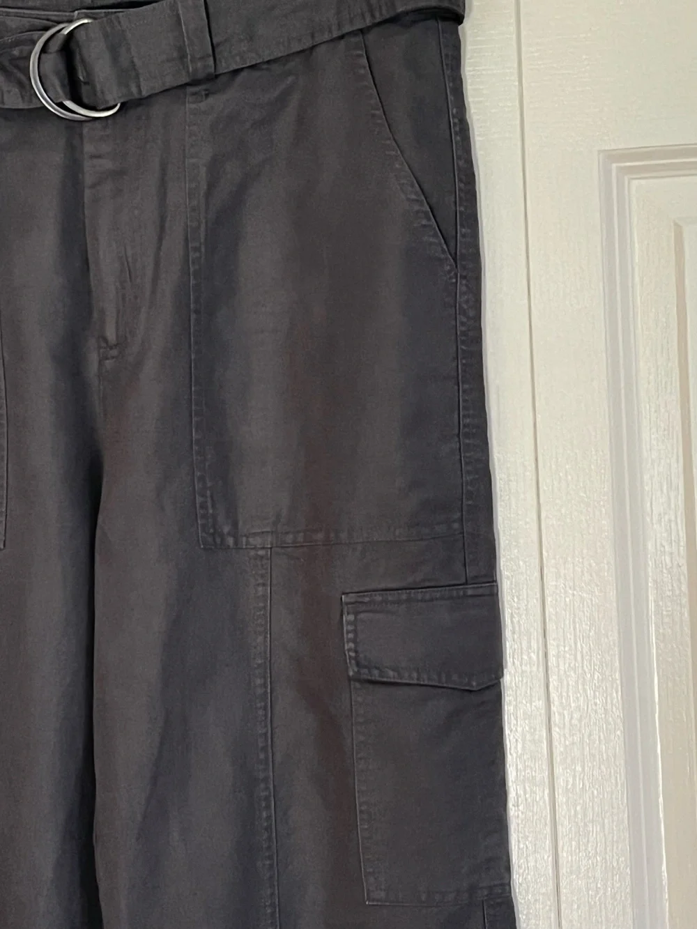 Quince Organic Cotton Linen Twill Cargo Pant  Women's Large Charcoal Gray Belted